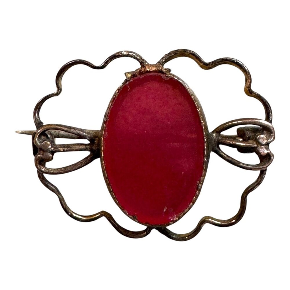 Antique Red Glass Oval Brooch Brass Filigree Pin Backing Vintage Signed Art Deco